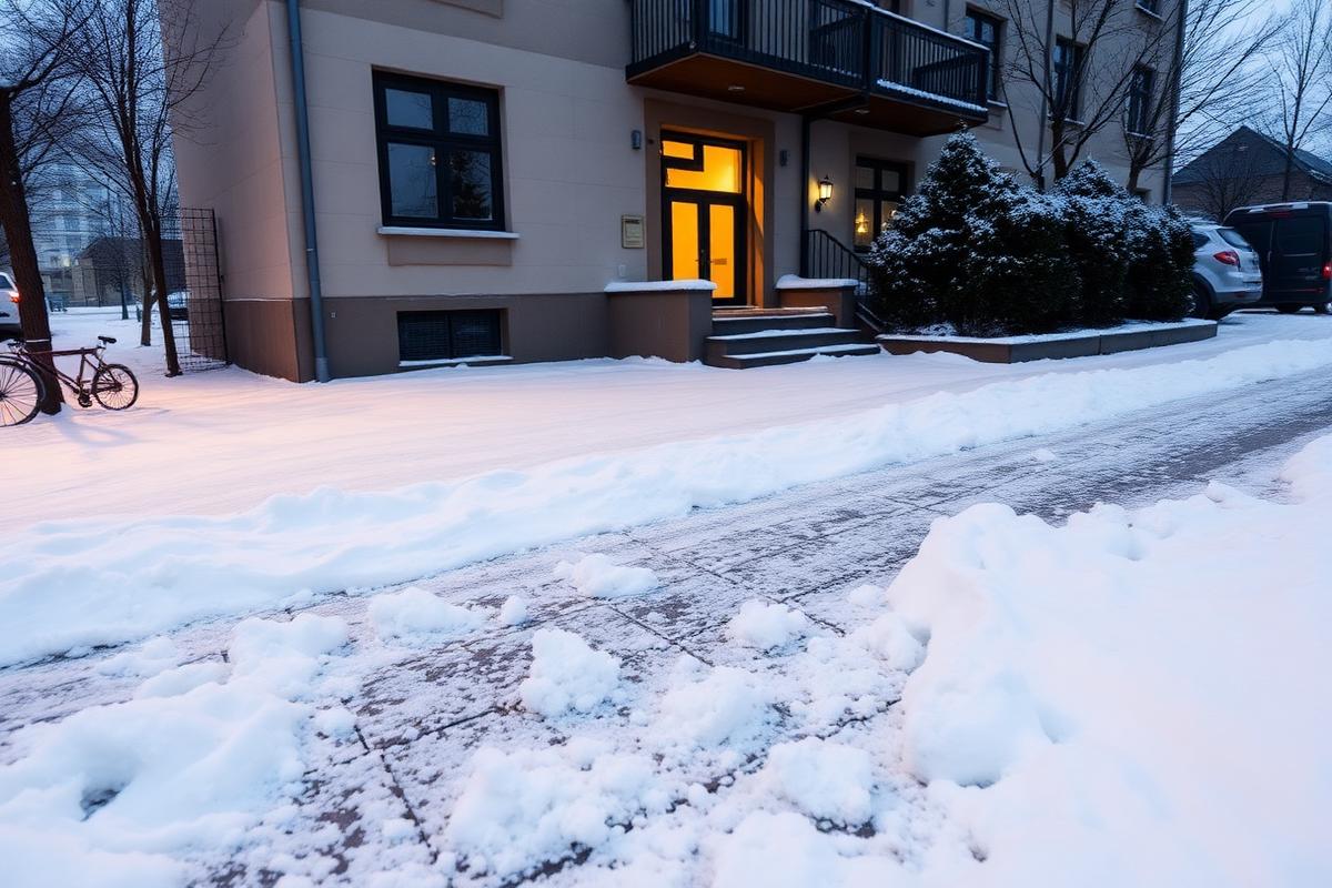 Ryddet og saltet fortov foran en ejendom om vinteren